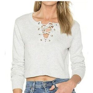 Avec Les Filles Gray Lace Up Cropped Sweater Size Large NWT